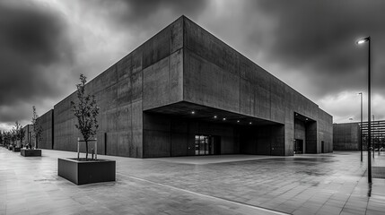 Poster - Striking modern concrete structure urban environment architectural design bold black and white contrast captivating viewpoint