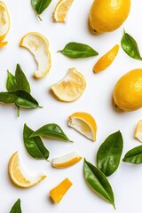 Sticker - Fresh lemons and leaves arranged on a clean white surface