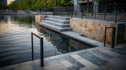 Aufkleber - Contrasting shadows in urban water feature city plaza architectural photography tranquil setting ground level bold aesthetics