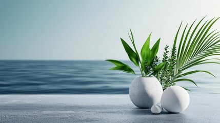 Poster - Serene coastal greenery displayed in minimalistic vases ocean view nature scene calm atmosphere aesthetic design