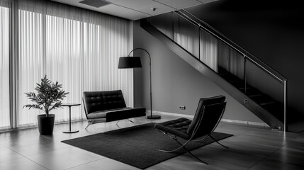 Poster - Modern black and white living space design urban apartment interior photography minimalist style high angle view serenity
