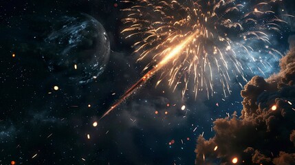 Wall Mural - A photo of fireworks with a comet in the background