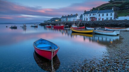 Poster - Serene Coastal Village Harbor Boats at Dawn