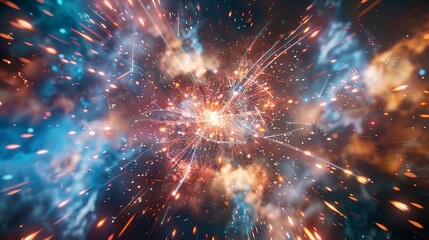 A photo of fireworks with a pulsar in the background