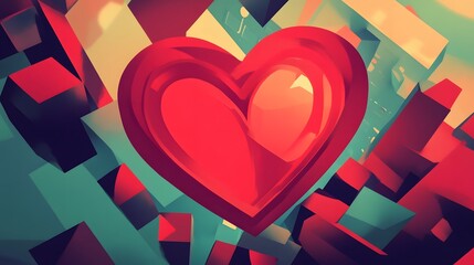 Poster - Abstract heart amidst geometric shapes. Vibrant colors and bold design.