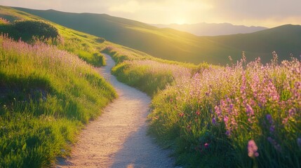 Wall Mural - Sunset Path Through Rolling Hills Wildflowers Bloom