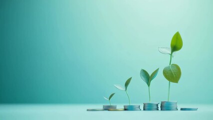 Poster - Plants growing on an increasing stack of coins against a vibrant teal background, symbolizing investment growth, financial success, and the concept of money increasing over time