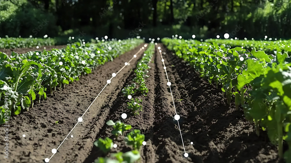 Hightech farming concept. Rows of healthy green plants growing in rich ...