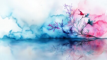 Aufkleber - Gentle watercolor wash in shades of blue pink and lavendar nature landscape art print serene view tranquil concept
