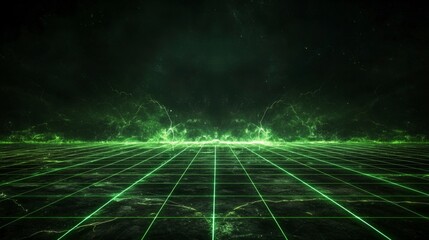 Poster - Glowing green grid pattern with neon lines creating a futuristic landscape digital realm abstract art visual impact