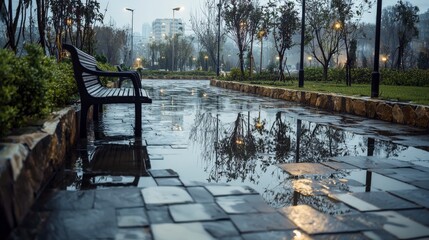 Aufkleber - Rainy day reflection urban park landscape photography tranquil environment low angle aesthetic off-center design