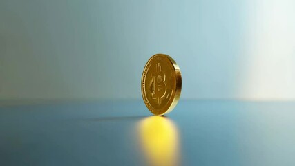 Poster - Physical bitcoin balancing on its edge on a reflective surface, symbolizing the volatility and potential gains and losses of cryptocurrency investment