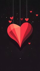 Poster - Large red heart hanging against a dark background with smaller hearts.