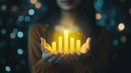 Poster - Businesswoman showing growing virtual holographic statistics, graph, chart in her hands, representing positive financial investment, market trends, and economic growth