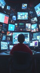Wall Mural - person sitting at desk surrounded by multiple computer screens