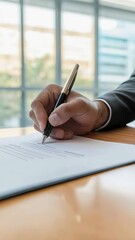 Poster - Close up of businessman's hand signing important contract with elegant pen in bright, modern office environment, emphasizing professionalism and successful deal making