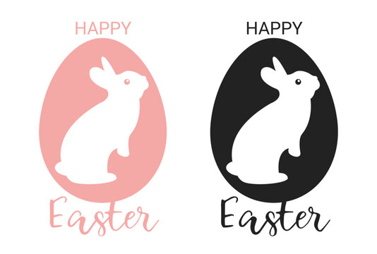 Happy Easter bunny and egg. Cartoon rabbit in egg shape frame. Cute bunnies characters in pink and black color for scrapbooking, holiday cards and decor. Vector set with text