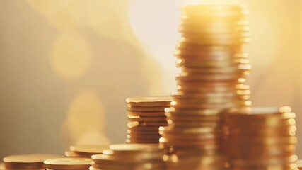 Poster - Golden coins stacked high against a warm, bokeh background, symbolizing successful investment, wealth accumulation, and the power of long term financial planning