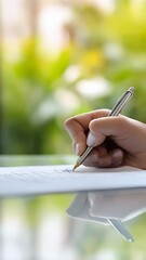 Aufkleber - Businesswoman is signing important financial contract using a pen, with a blurred green background visible through the office window, creating a calm and professional atmosphere