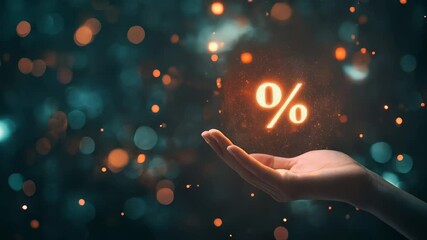 Aufkleber - Hand is holding glowing percentage symbol on a sparkling bokeh background, representing financial opportunities, interest rates, discounts, or investment growth
