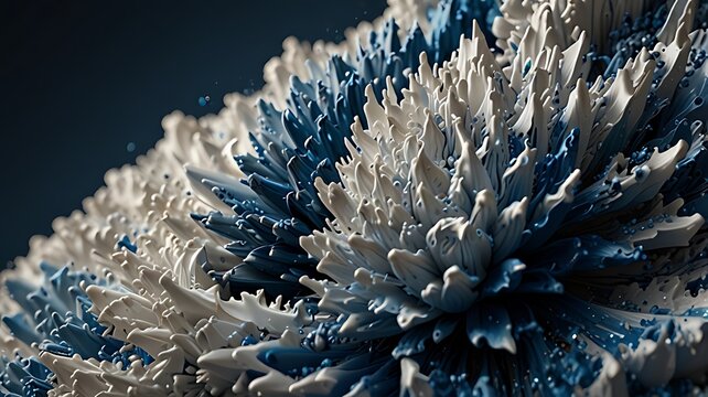 An abstract 3D representation of textured blue and white formations resembling organic structures.