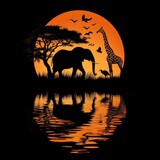 African sunset silhouette of elephant, giraffe, birds, and acacia tree reflected in water.