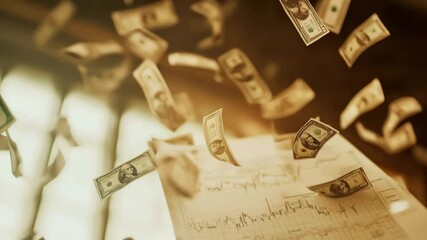 Poster - Many dollar bills are falling on a financial chart, representing concepts such as investment, wealth, savings, passive income, and the power of money in modern finance