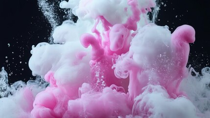 Wall Mural - Paint water shot. Color vapor cloud. Opener effect. Underwater pink white pigment smoke flow motion on black abstract art background.