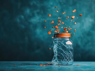 Poster - Shattered Glass Fragments Inside a Transparent Jar Reflecting Light Creating a Dramatic Artistic Still Life Composition with Intriguing Textures and Shapes
