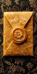 Poster - envelope sealed with golden beeswax, its embossed seal showcasing intricate floral patterns