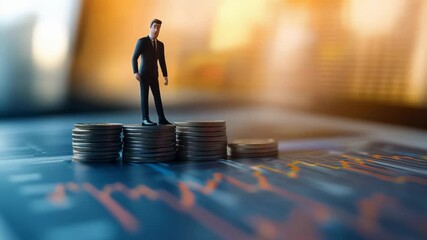 Poster - Miniature businessman standing on stacks of coins symbolizing increasing profits and investment growth, with financial charts in the background representing market analysis and investment strategy