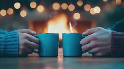 Aufkleber - Warm Embrace of Two Hands Holding Cups Against a Cozy Fire Background Evoking Comfort and Connection in a Relaxing Intimate Gathering Setting