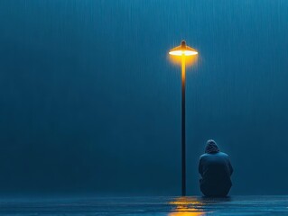 Poster - A solitary man resting on the ground illuminated by a street lamp in an urban setting creating a contemplative and serene nighttime atmosphere