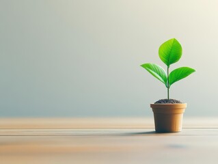 Fototapete - A Small Green Plant in a Simple Pot on a Wooden Table Surrounded by Natural Light Creating a Fresh and Inviting Indoor Relaxing Atmosphere