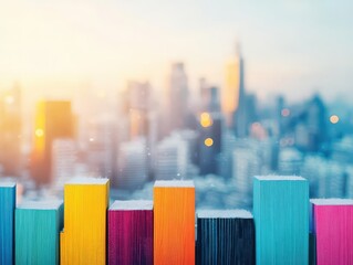 Fototapete - Vibrant Colorful Bars Illuminating Urban Cityscape at Dusk with Majestic Skyscrapers Creating a Lively and Energetic Atmosphere in Modern Metropolis