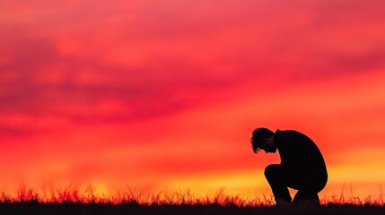 Poster - Silhouette of a Woman Kneeling Gracefully in a Lush Field During a Breathtaking Sunset Illuminating the Sky with Warm Tones of Gold and Orange