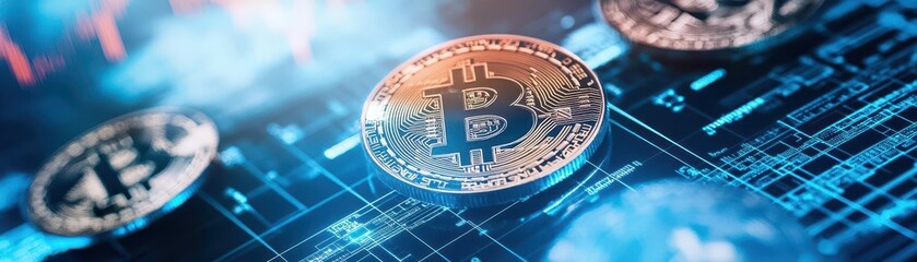 Poster - Dynamic Bitcoin Cryptocurrency Visualization with Abstract Geometry and Bold Colors Representing Financial Innovation and Digital Economy Trends