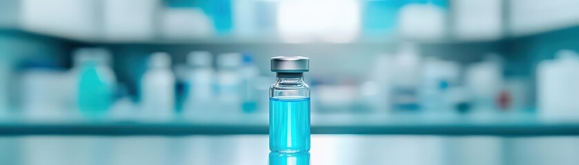 Aufkleber - A Glass Vial Containing Vivid Blue Liquid Surrounded by Soft Light Creating a Mysterious and Intriguing Atmosphere in a Scientific Setting