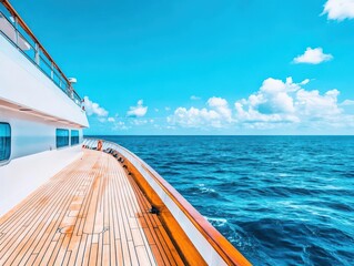Aufkleber - A Majestic Sailboat Gliding Through Calm Ocean Waters Beneath Expansive Blue Skies with Fluffy White Clouds Creating a Peaceful Nautical Scene