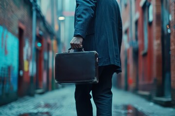 Aufkleber - Professional Man in Formal Attire Carrying Briefcase Exuding Confidence and Determination as He Walks Through Urban Environment at Dusk