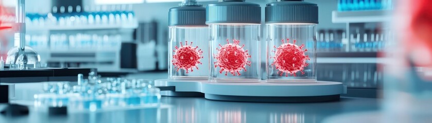Leinwandbilder - Intriguing Laboratory Scene Featuring Glass Container Filled with Vivid Red Blood Highlighting Medical Research and Scientific Investigation Atmosphere