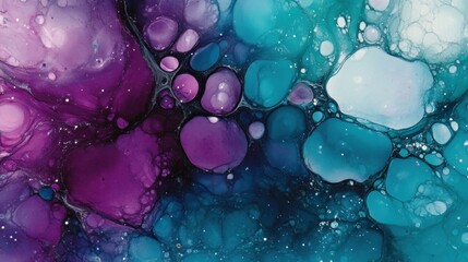 Poster - Colorful abstract art displaying vibrant purple and turquoise bubbles on a dark background