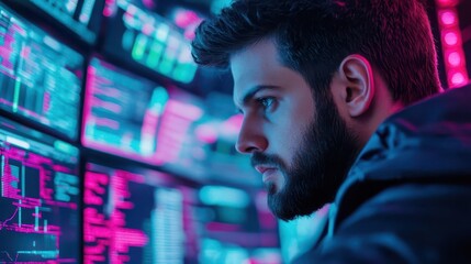 Fototapete - Focused Man Engaged in Work at Computer Screen in Modern Office Setting Surrounded by Technology and Office Supplies Creating a Productive Atmosphere