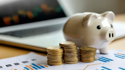 Poster - Stacks of gold coins are sitting on financial charts with a piggy bank and a laptop in the background, symbolizing investment growth and financial planning