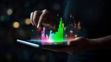 Fototapete - Businesswoman using tablet and analyzing colorful hologram stock market chart, representing investment, finance, trading, and financial technology