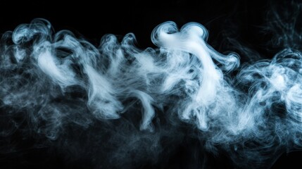 Wall Mural - Vapor like smoke on a dark black background. Vape smoke rings in motion at vape clouds.