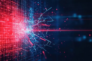 Poster - Shattered Glass Fragment Glowing with Vibrant Red and Blue Lights Creating an Intriguing Abstract Composition Evoking Mystery and Artistic Expression
