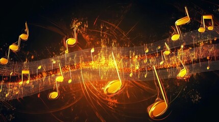 Wall Mural - vector sheet music gold musical notes melody on dark background.