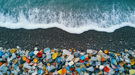 Poster - Vibrant Beach Scene with Colorful Plastic Bottles Scattered on the Sand Amidst Clear Blue Waters and Gentle Waves Inviting Environmental Awareness