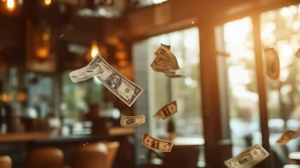Poster - Several one dollar bills are falling inside a restaurant, representing concepts of investment, finance, and money management in the hospitality industry